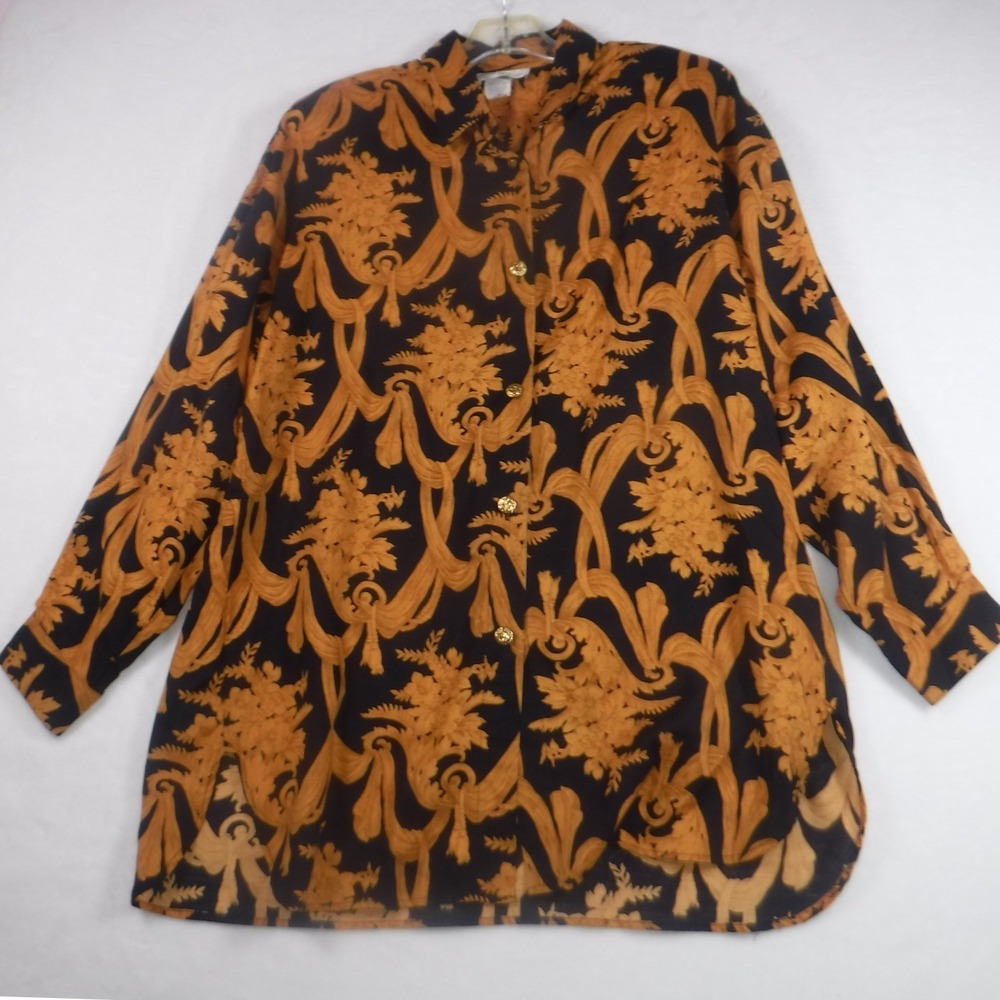 VTG Ruth Norman New York Womens M Gold Black Baroque Floral Rayon Button Blouse